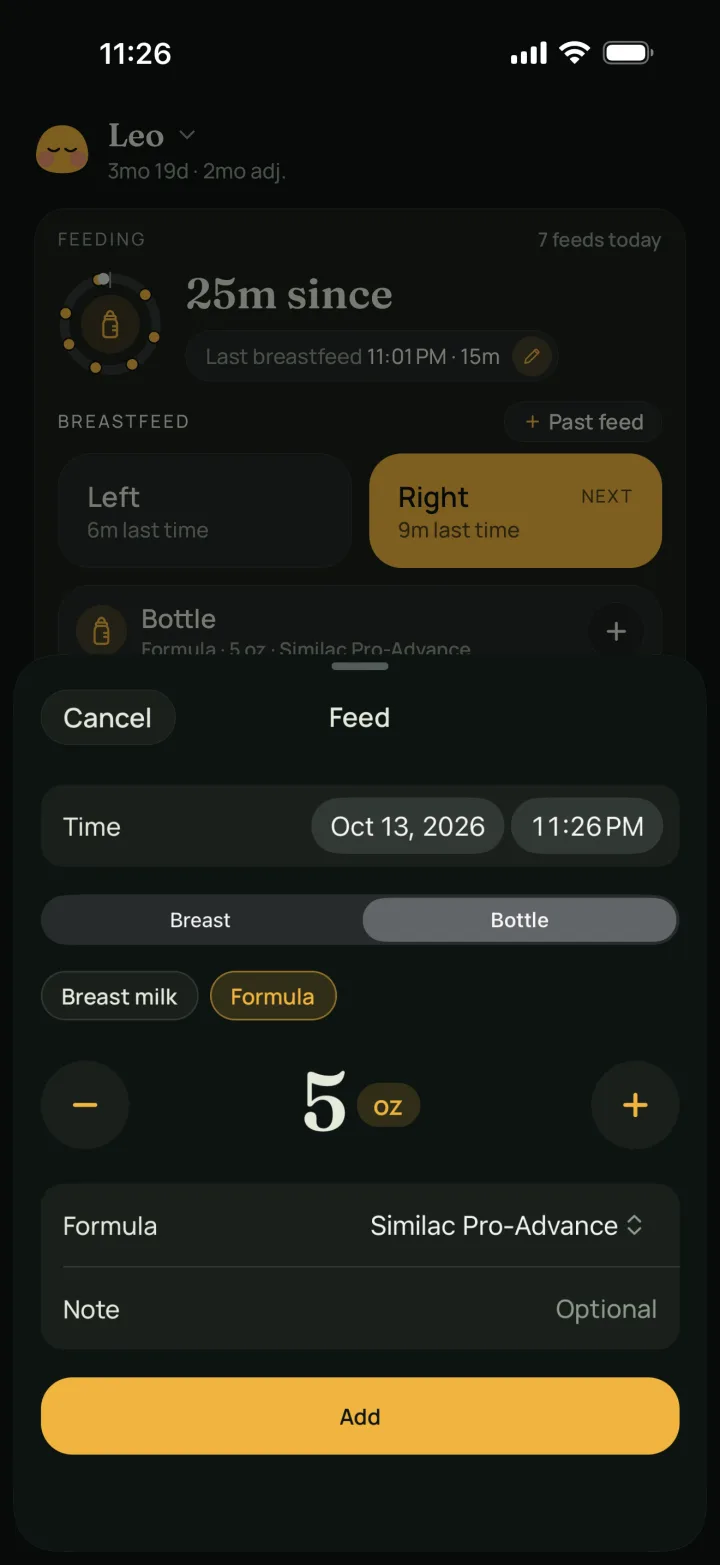 Livia's Feed sheet on Bottle: formula, 5 oz, Similac Pro-Advance.