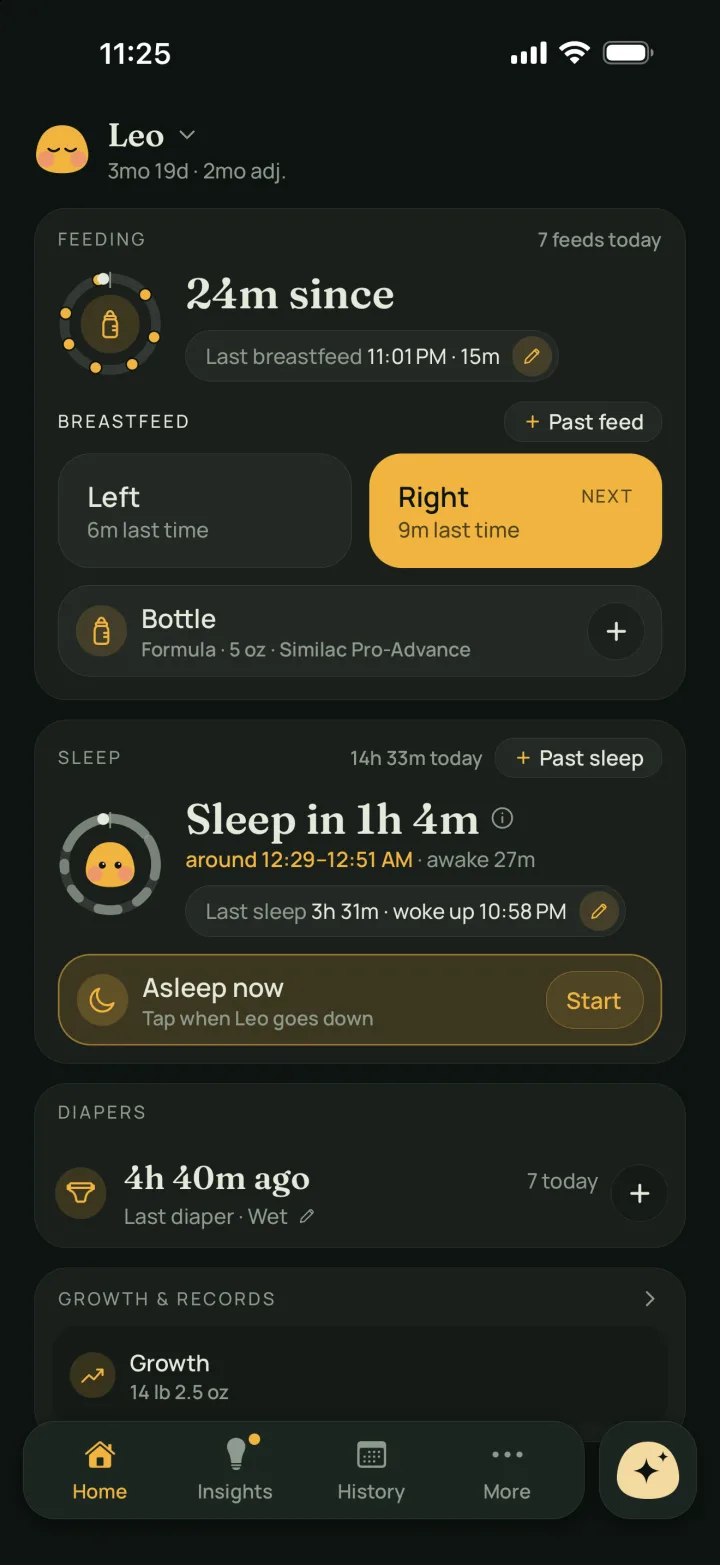 Livia's Home screen: 24 minutes since the last breastfeed, the right side next, and sleep likely in about 1 hour.